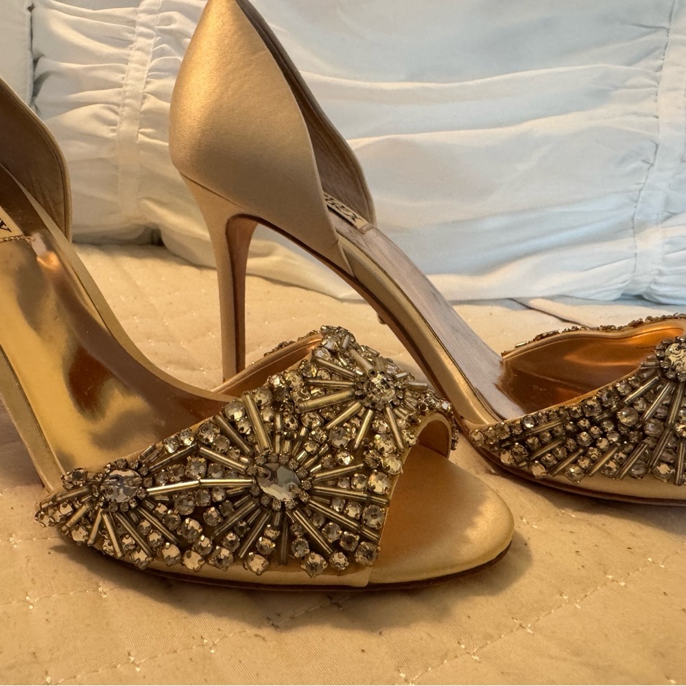 Badgley Mischka Embellished beaded and Rhinestone Size 8.5 Cream Heels - Picture 11 of 15